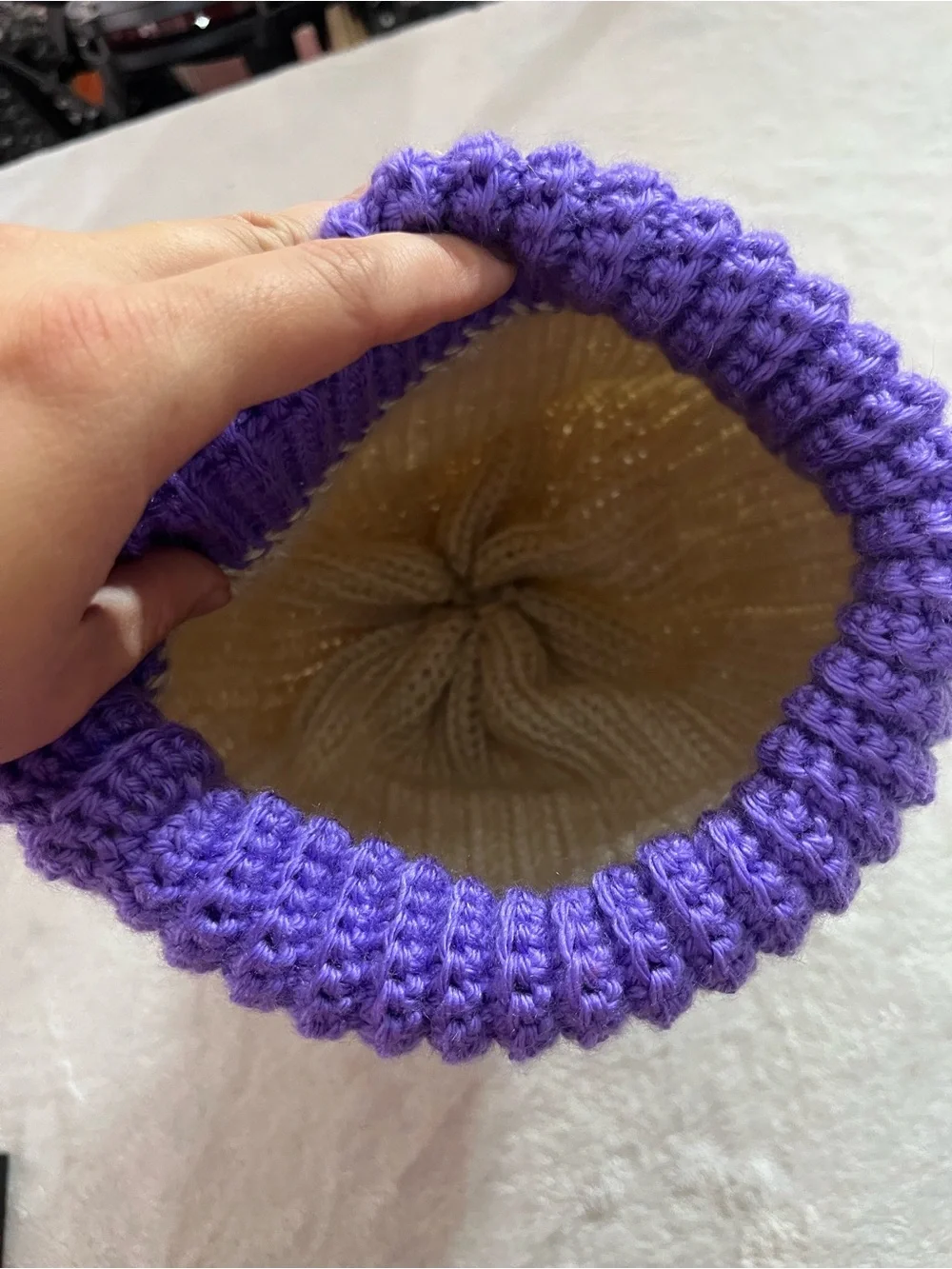 Super Cute Handmade Cream and Purple Pom Pom Beanie Hat Winter Cap Ivory EUC